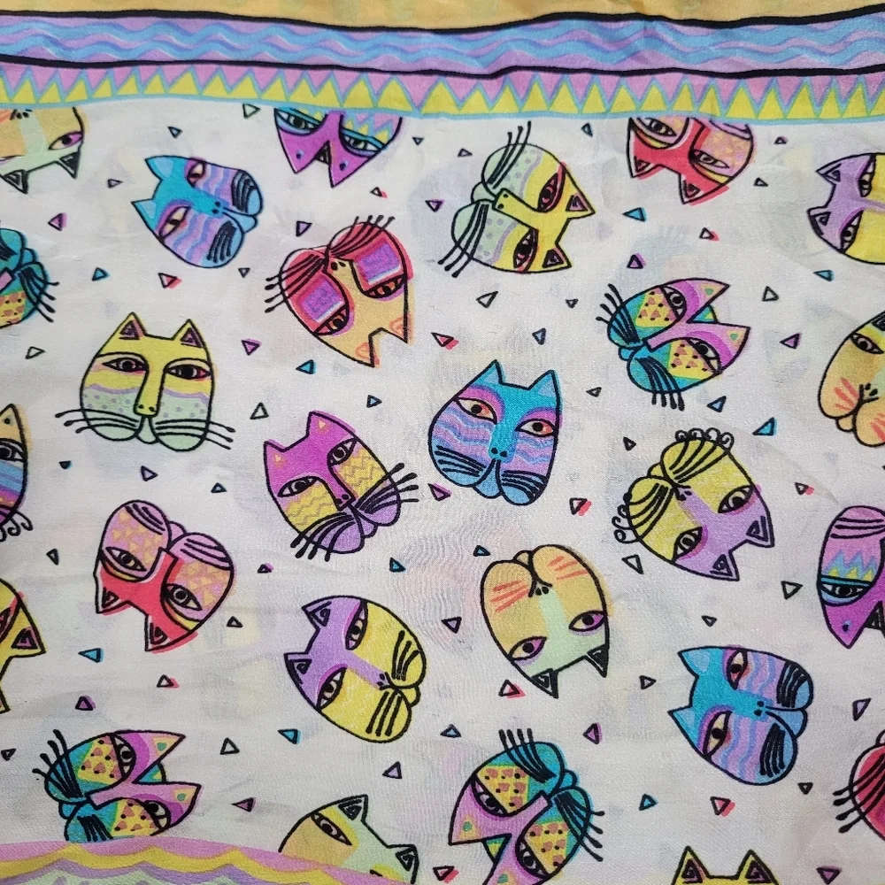 Laurel Birch style colourful silk scarf with cats - Picture 5 of 7